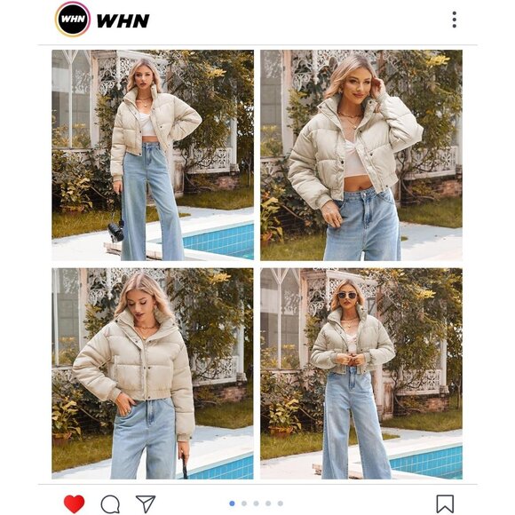 Women’s Crop Jacket Puffer Jacket Long Sleeve Stand Collar Zipper Coat Apricot - Picture 4 of 5